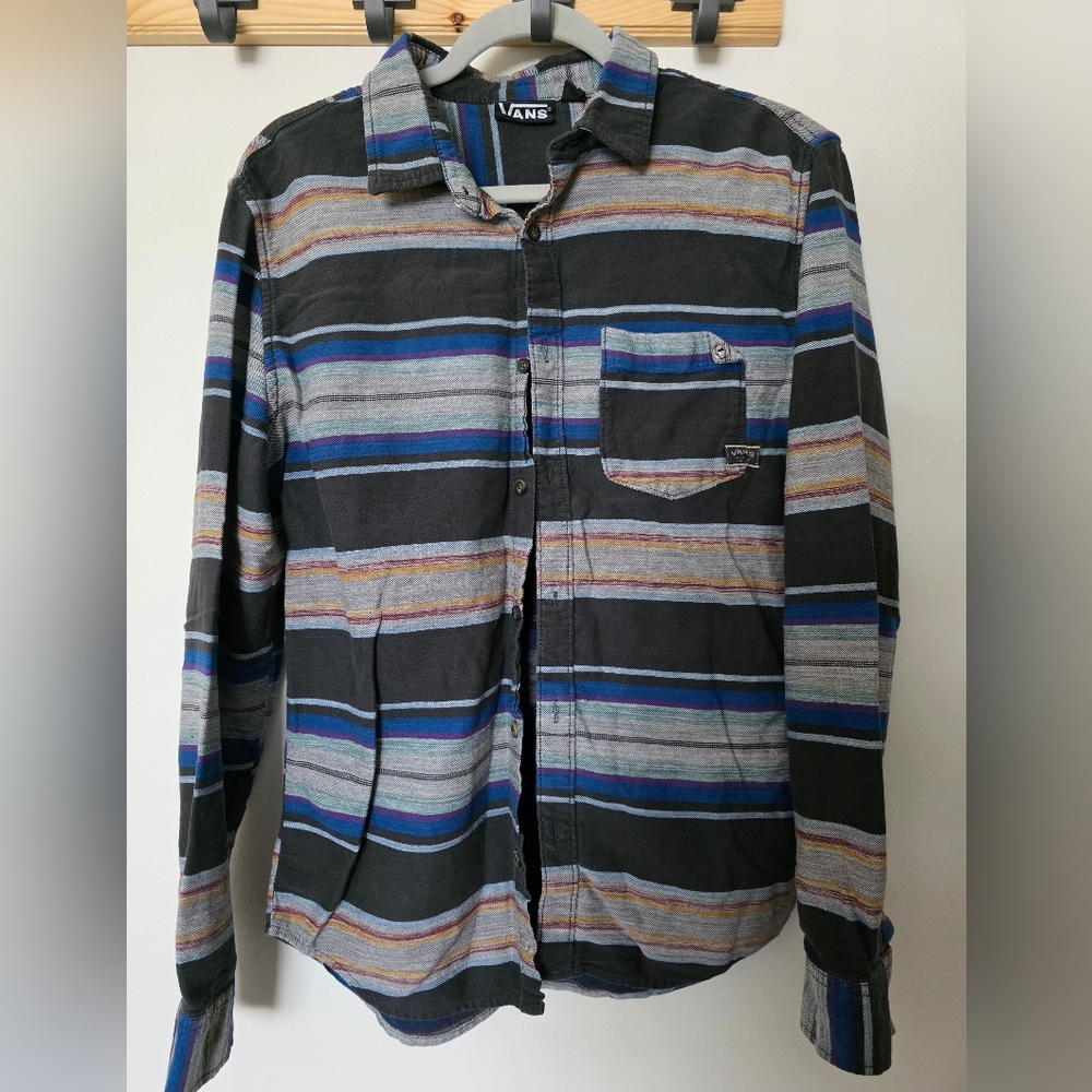 Vans Off The Wall men's Spanish blue striped button-up flannel shirt Size Medium